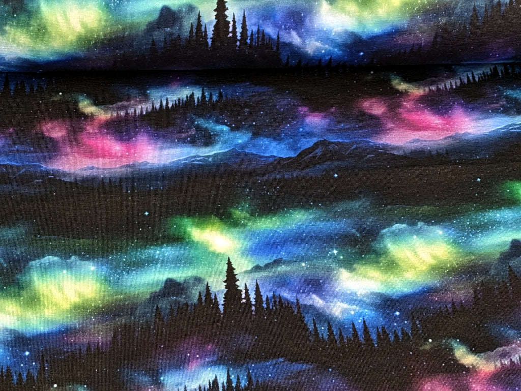 Eigenproduktion Bio Baumwolljersey Magischer Wald Berge Nordlichter auf Schwarz