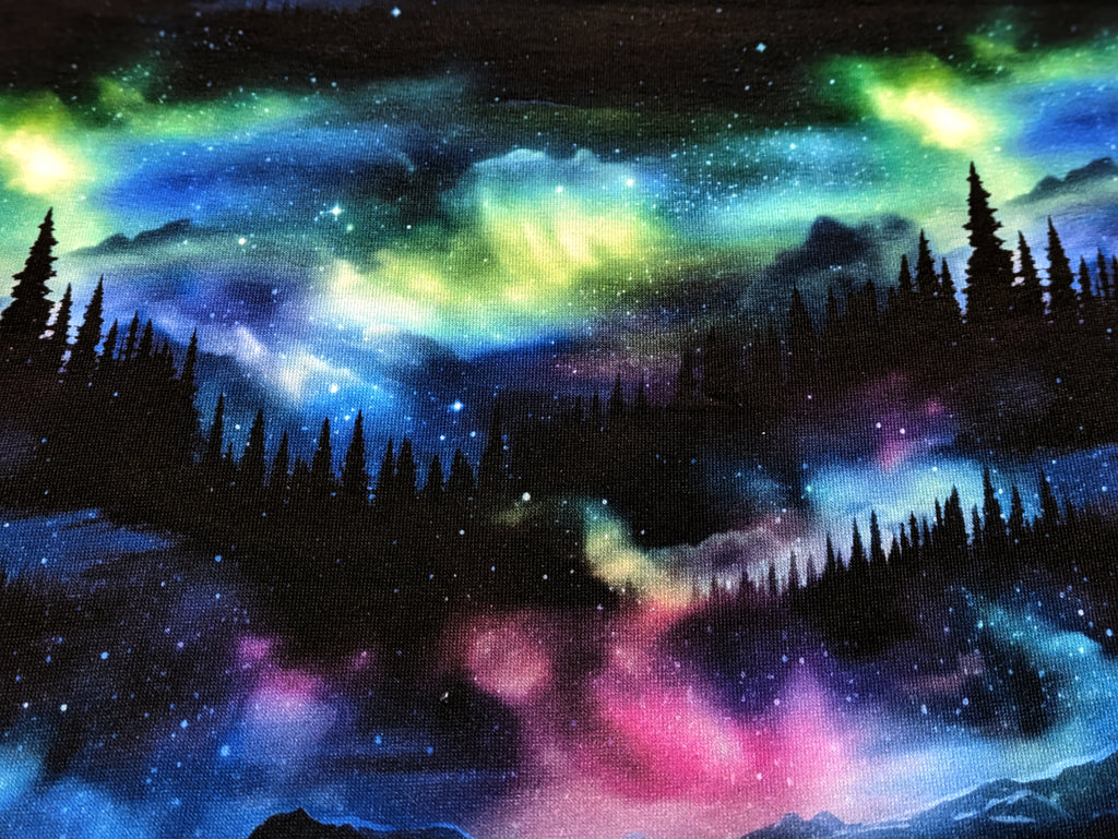 Eigenproduktion Bio Baumwolljersey Magischer Wald Berge Nordlichter auf Schwarz