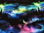 Eigenproduktion Bio Baumwolljersey Magischer Wald Berge Nordlichter auf Schwarz