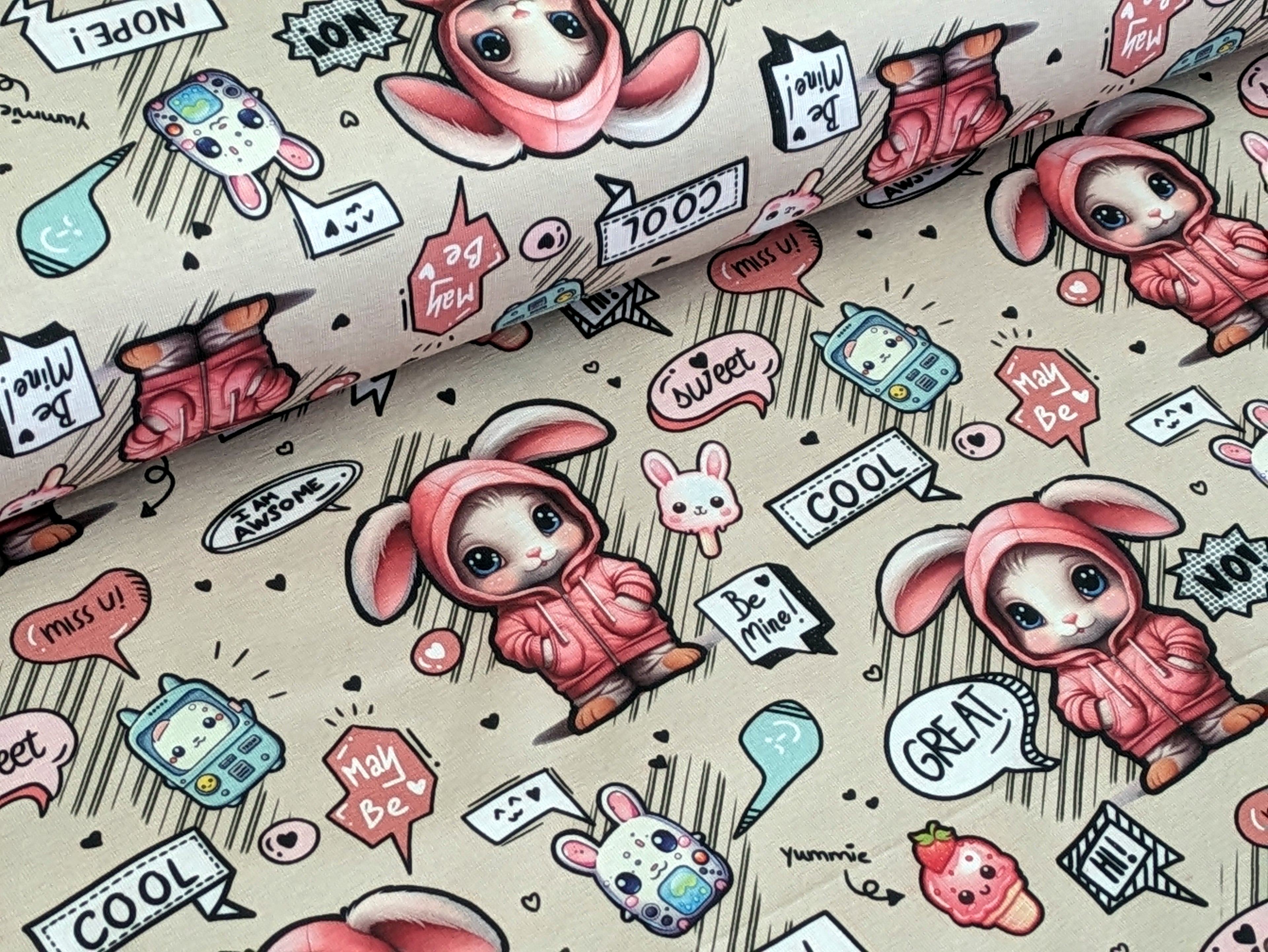Eigenproduktion Baumwolljersey Sweet Hasengirl auf Beige