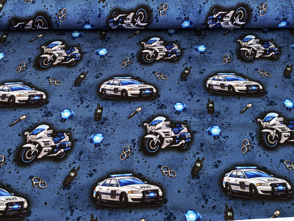 In-house production cotton jersey Speedy Police Motorcycle on Denim Blue