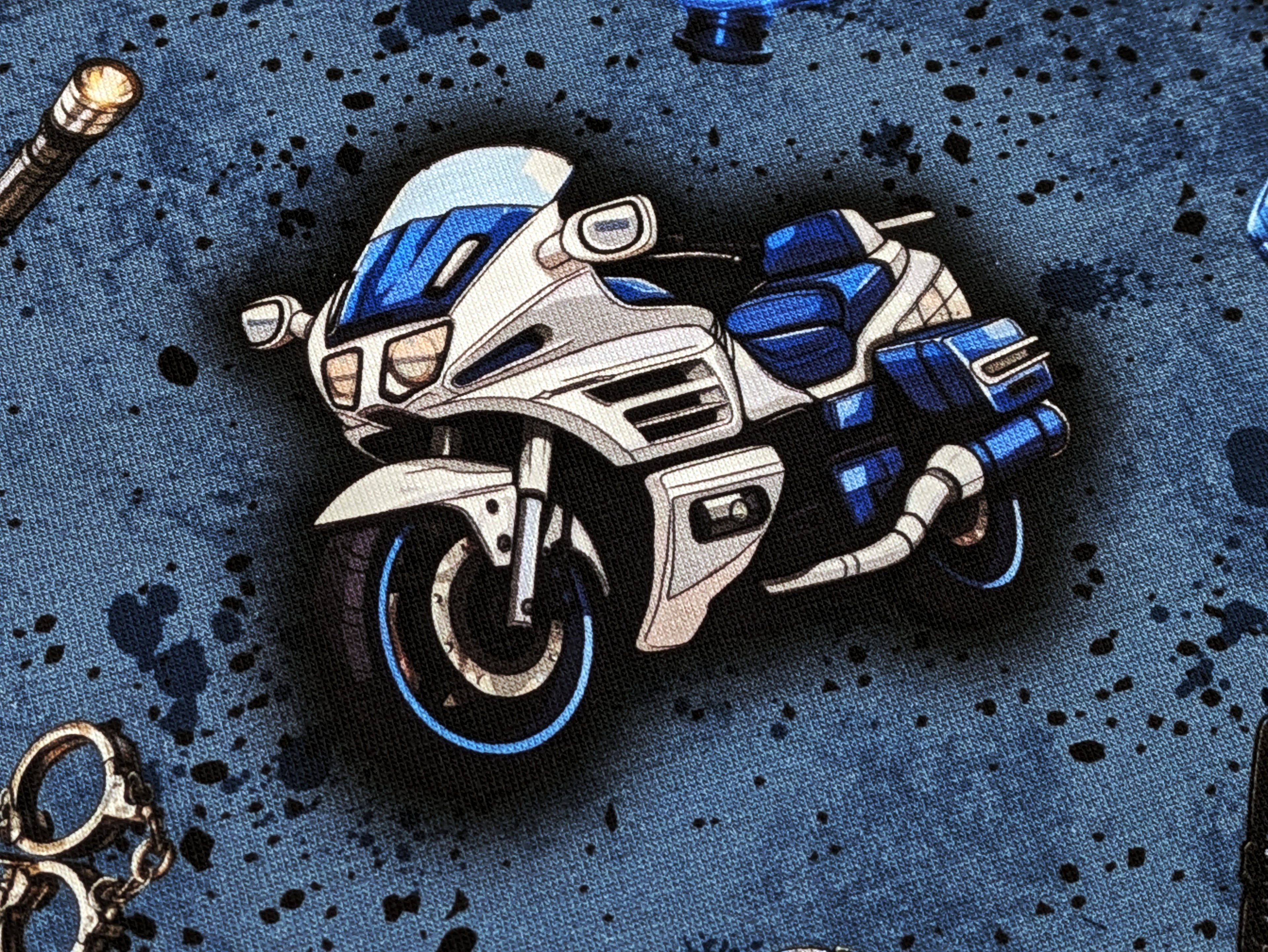In-house production cotton jersey Speedy Police Motorcycle on Denim Blue
