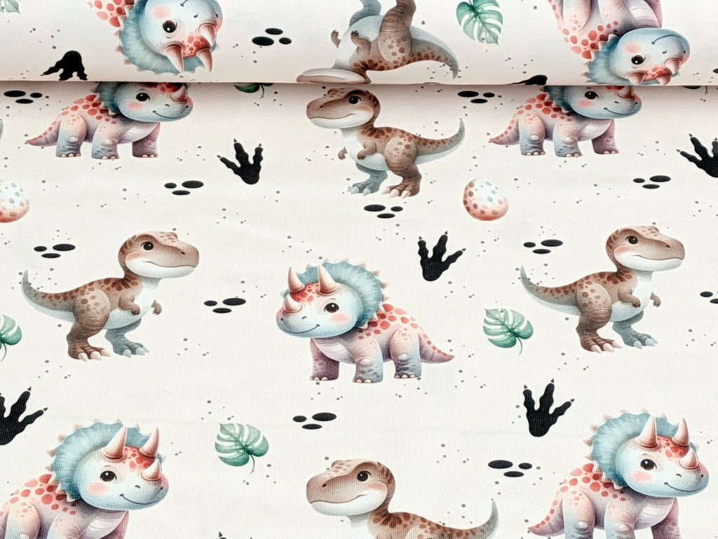 Eigenproduktion Baumwolljersey Aquarell Kinder Dinos auf Beige