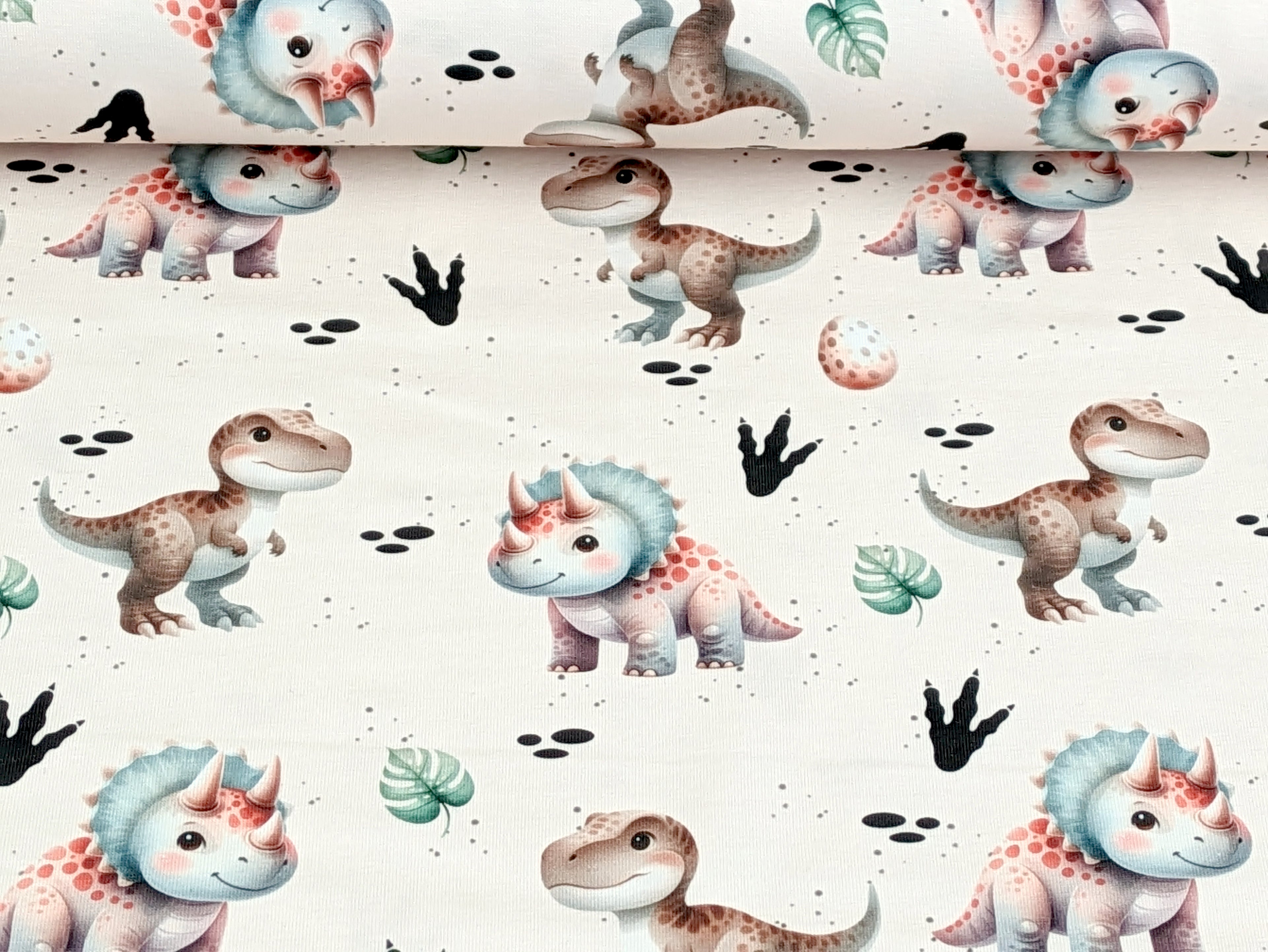 Eigenproduktion Baumwolljersey Aquarell Kinder Dinos auf Beige