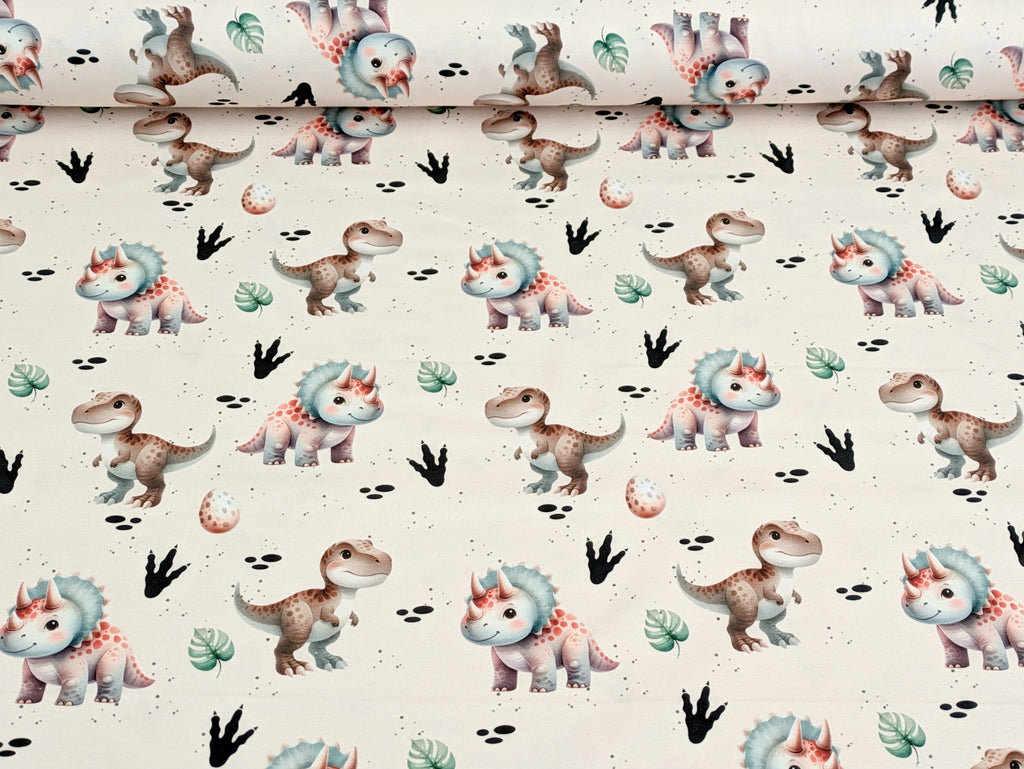 Eigenproduktion Baumwolljersey Aquarell Kinder Dinos auf Beige