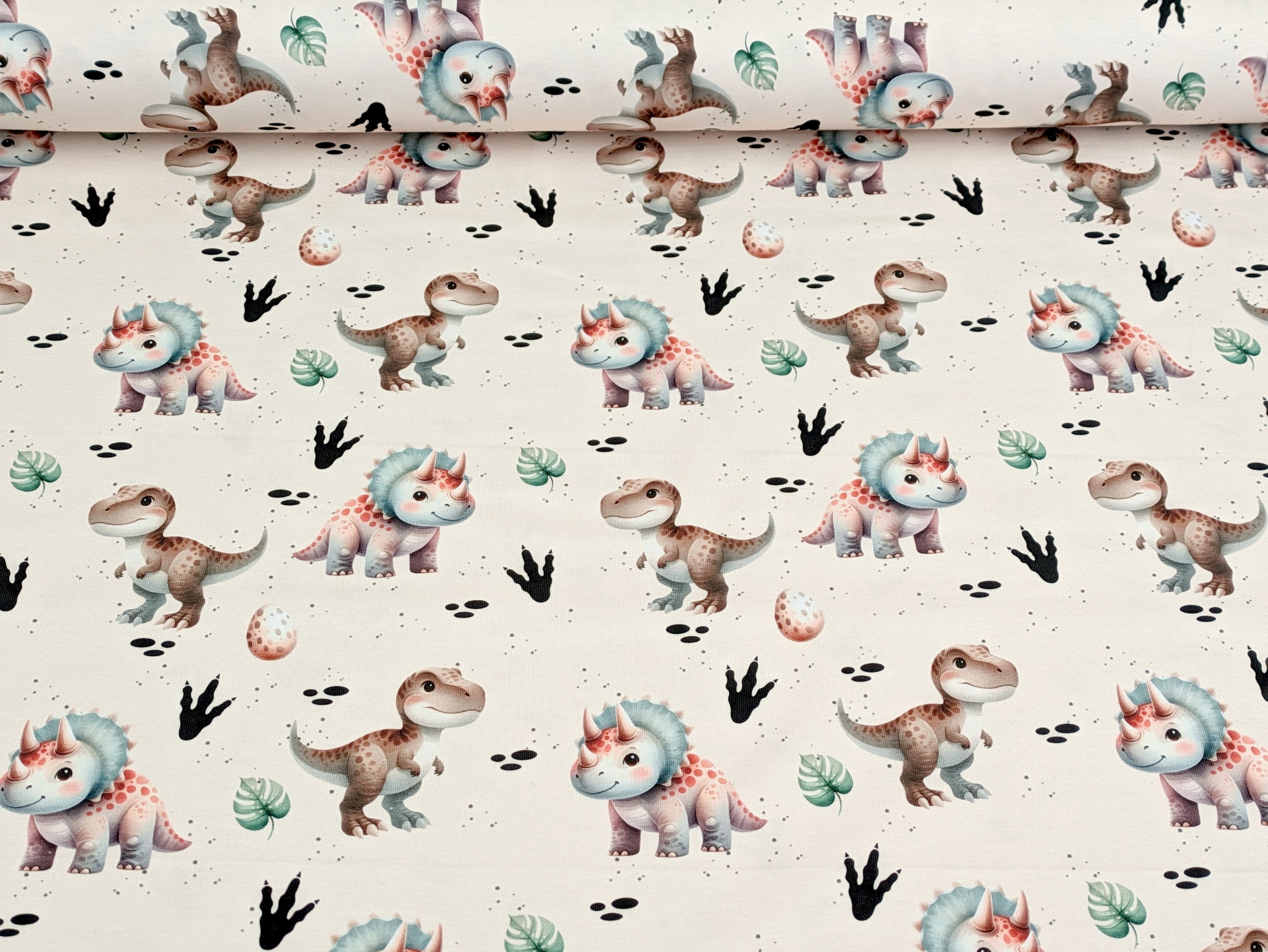 Eigenproduktion Baumwolljersey Aquarell Kinder Dinos auf Beige