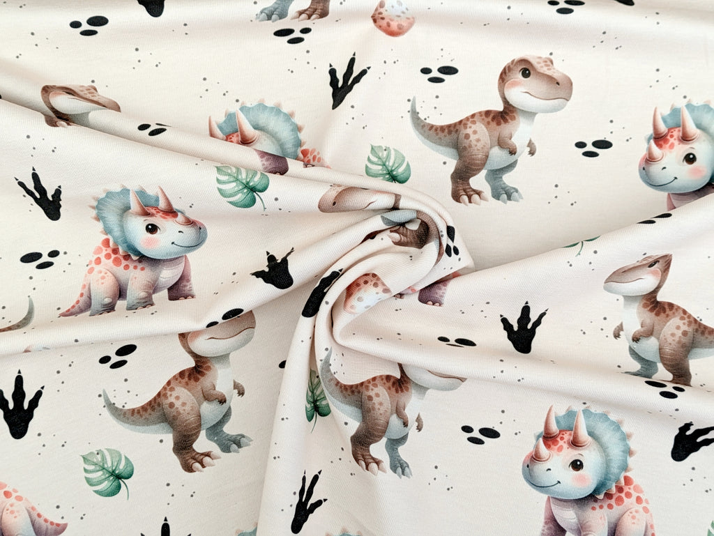 Eigenproduktion Baumwolljersey Aquarell Kinder Dinos auf Beige
