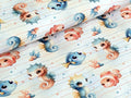 In-house Production Cotton Jersey Sea Dwellers Seahorses Fish on Stripes White