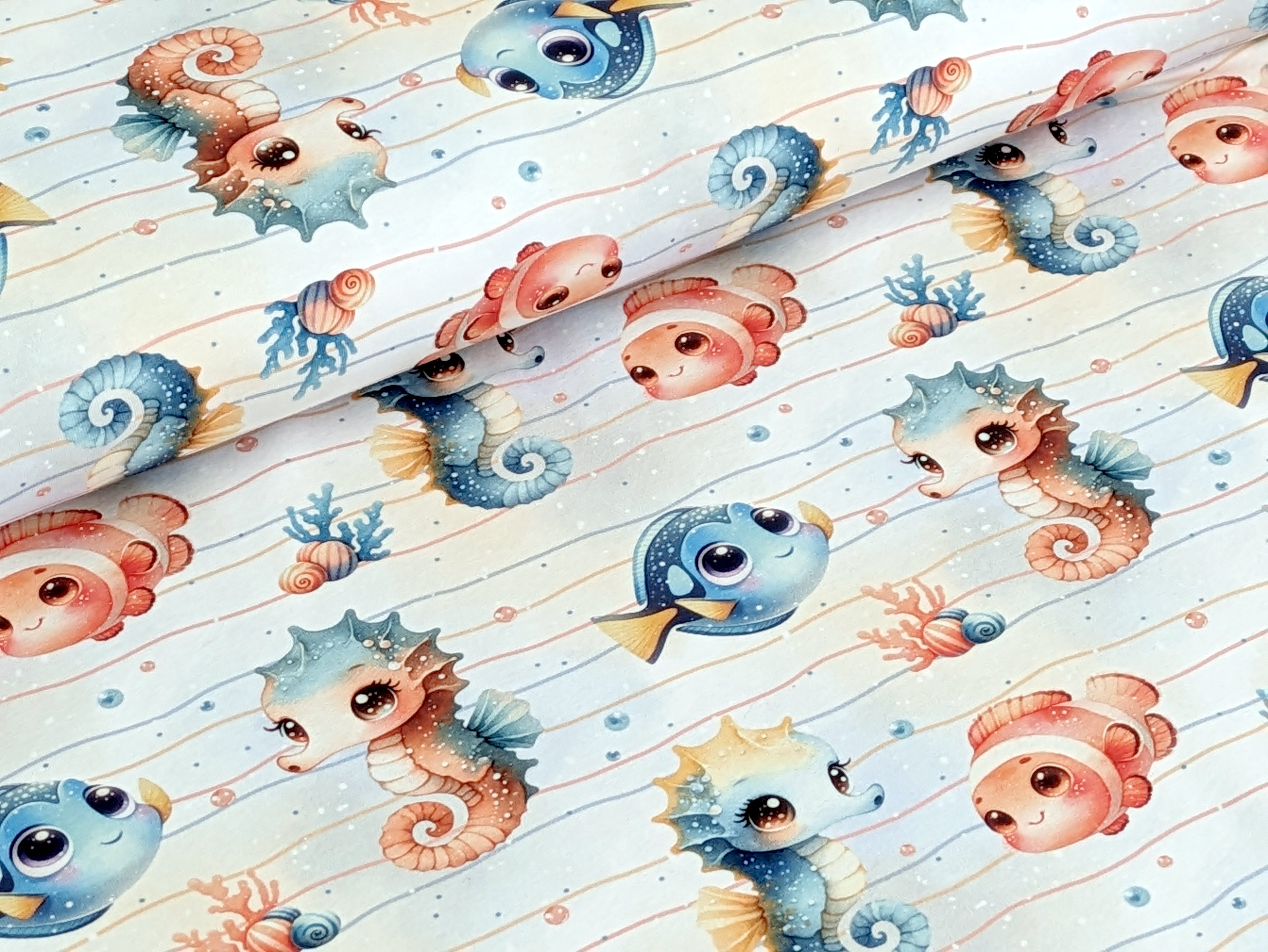 In-house Production Cotton Jersey Sea Dwellers Seahorses Fish on Stripes White