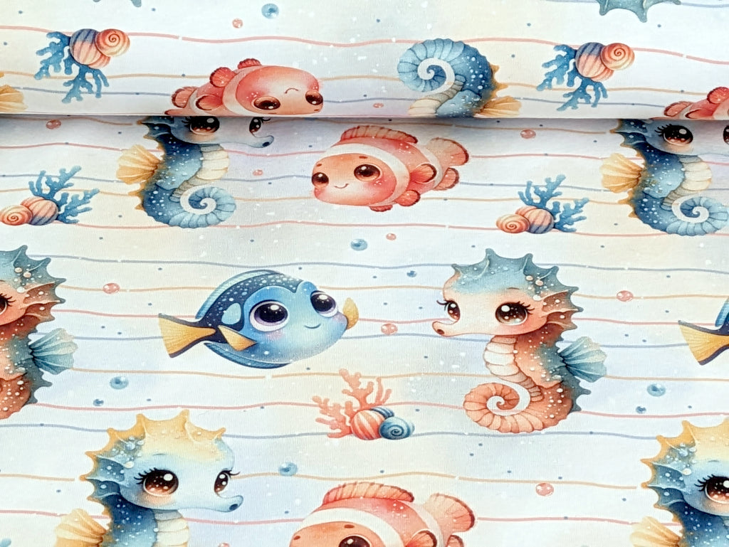 In-house Production Cotton Jersey Sea Dwellers Seahorses Fish on Stripes White