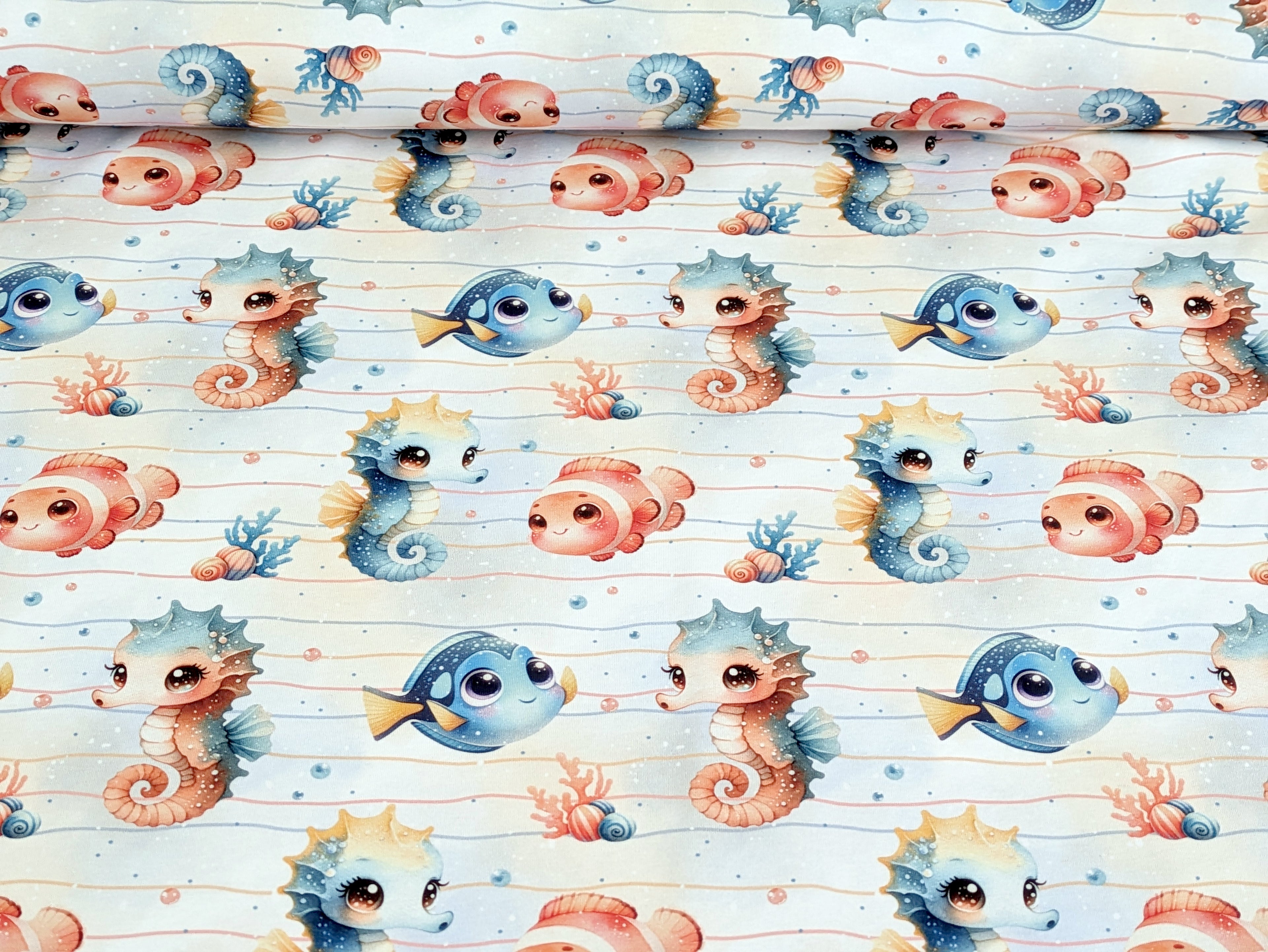 In-house Production Cotton Jersey Sea Dwellers Seahorses Fish on Stripes White