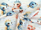 In-house Production Cotton Jersey Sea Dwellers Seahorses Fish on Stripes White