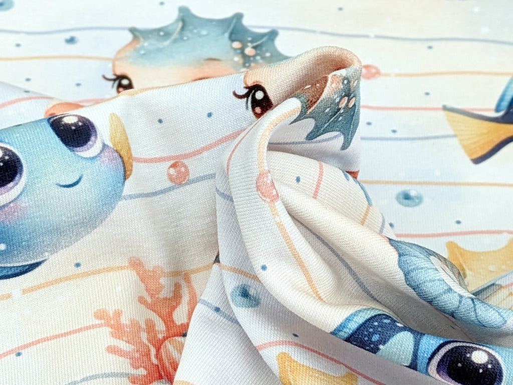 In-house Production Cotton Jersey Sea Dwellers Seahorses Fish on Stripes White
