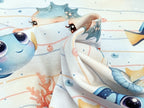 In-house Production Cotton Jersey Sea Dwellers Seahorses Fish on Stripes White