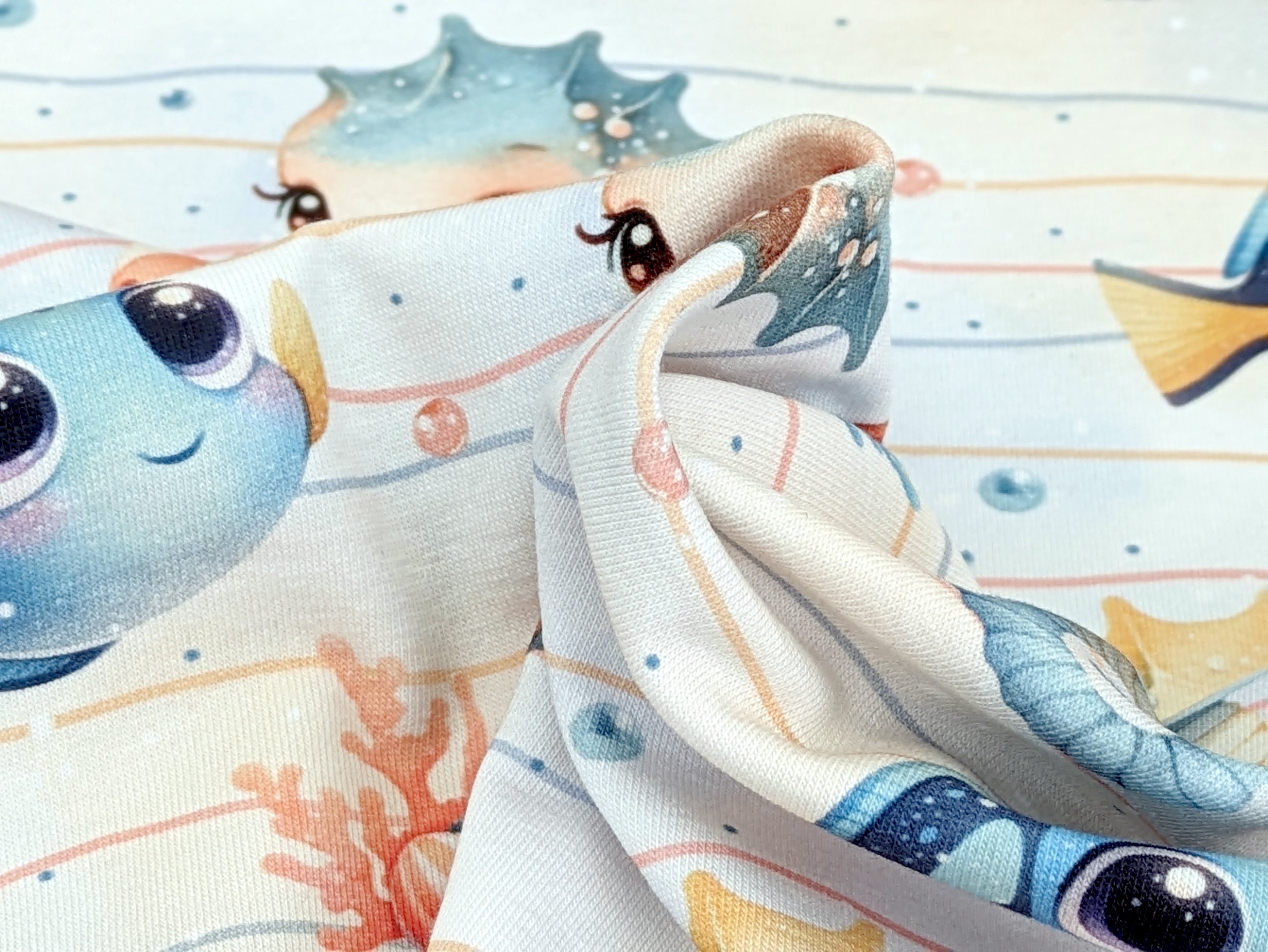 In-house Production Cotton Jersey Sea Dwellers Seahorses Fish on Stripes White