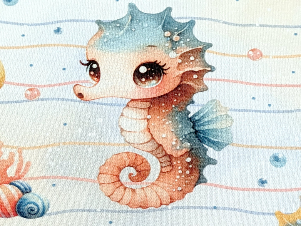 In-house Production Cotton Jersey Sea Dwellers Seahorses Fish on Stripes White
