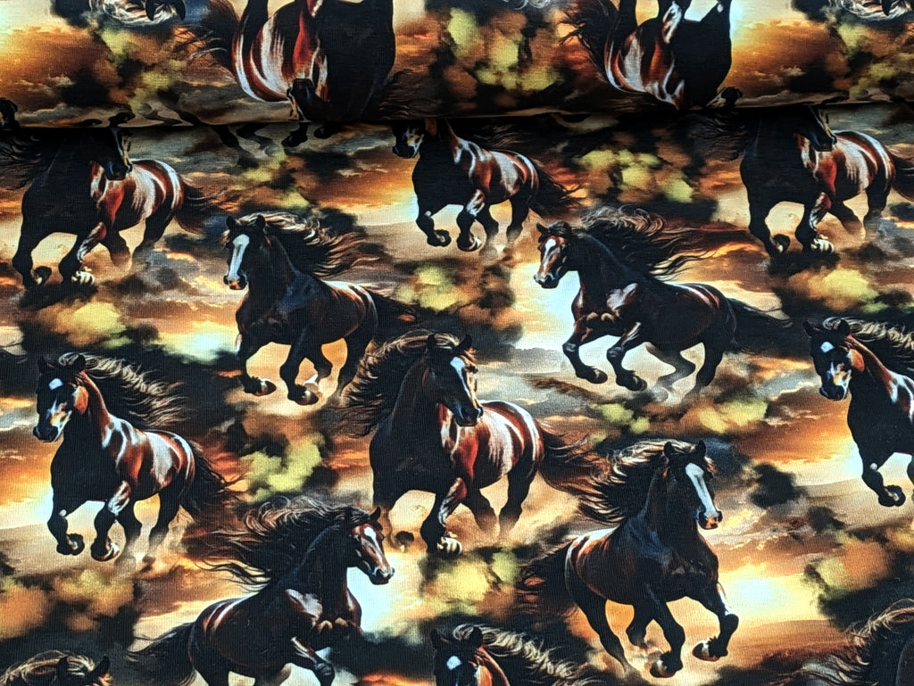In-house Production Cotton Jersey Wild Horses on Brown