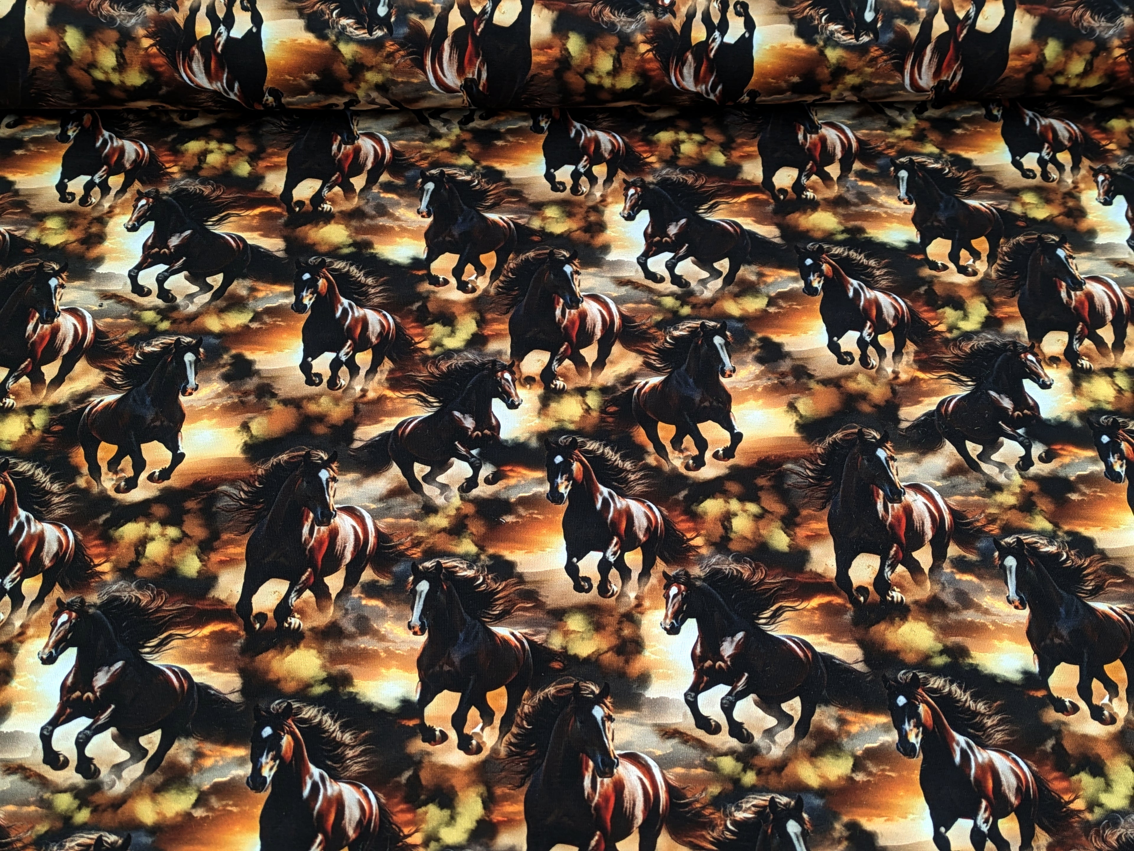 In-house Production Cotton Jersey Wild Horses on Brown