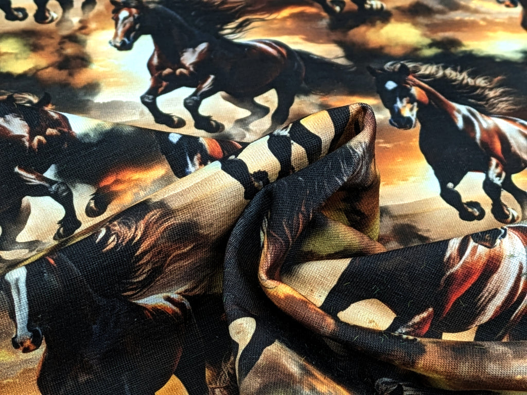 In-house Production Cotton Jersey Wild Horses on Brown