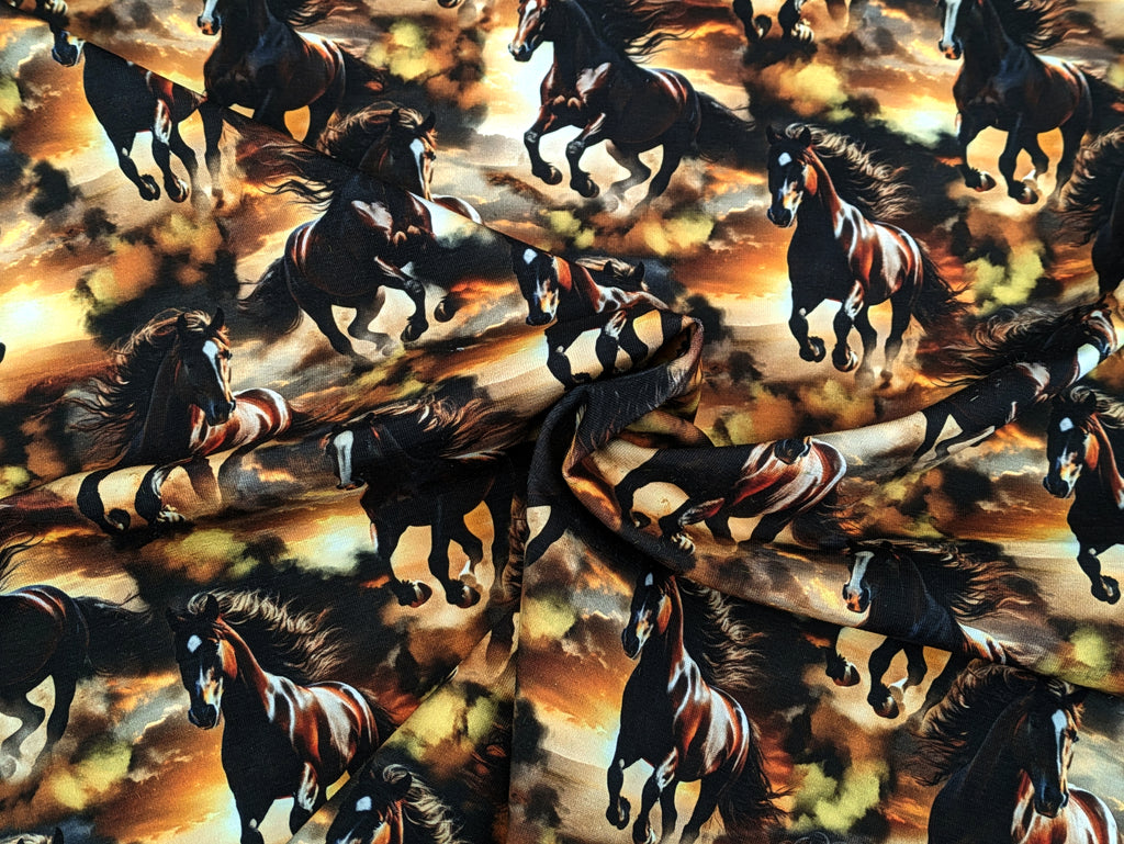 In-house Production Cotton Jersey Wild Horses on Brown