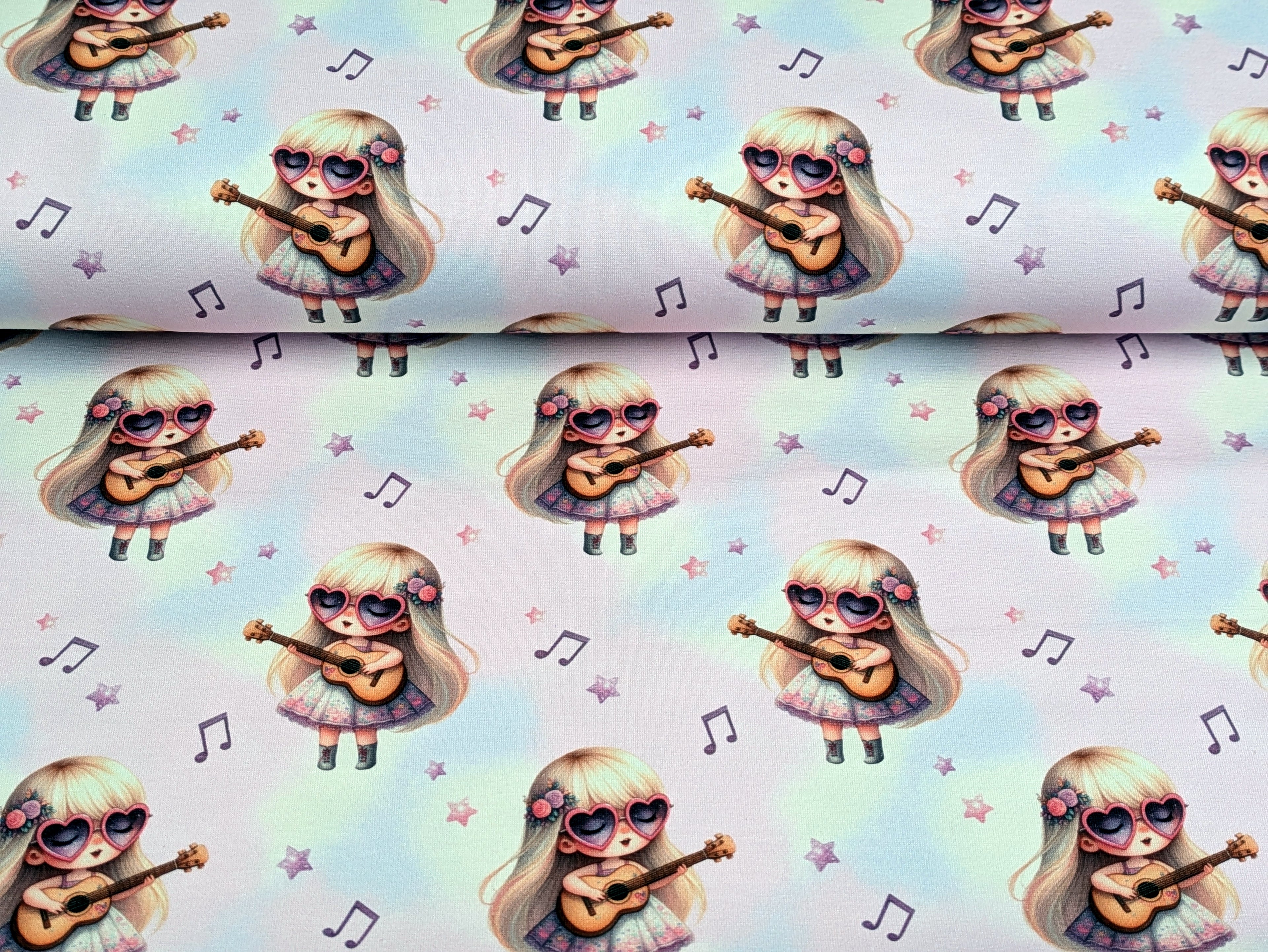 Eigenproduktion Baumwolljersey Kleines Mädchen Musikstar auf Regenbogen Rosa