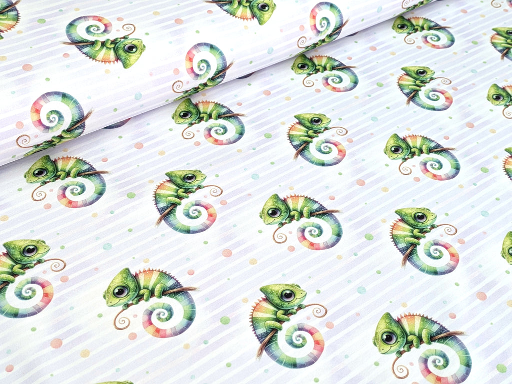 In-house production Cotton Jersey Chami the Chameleon on Stripes White