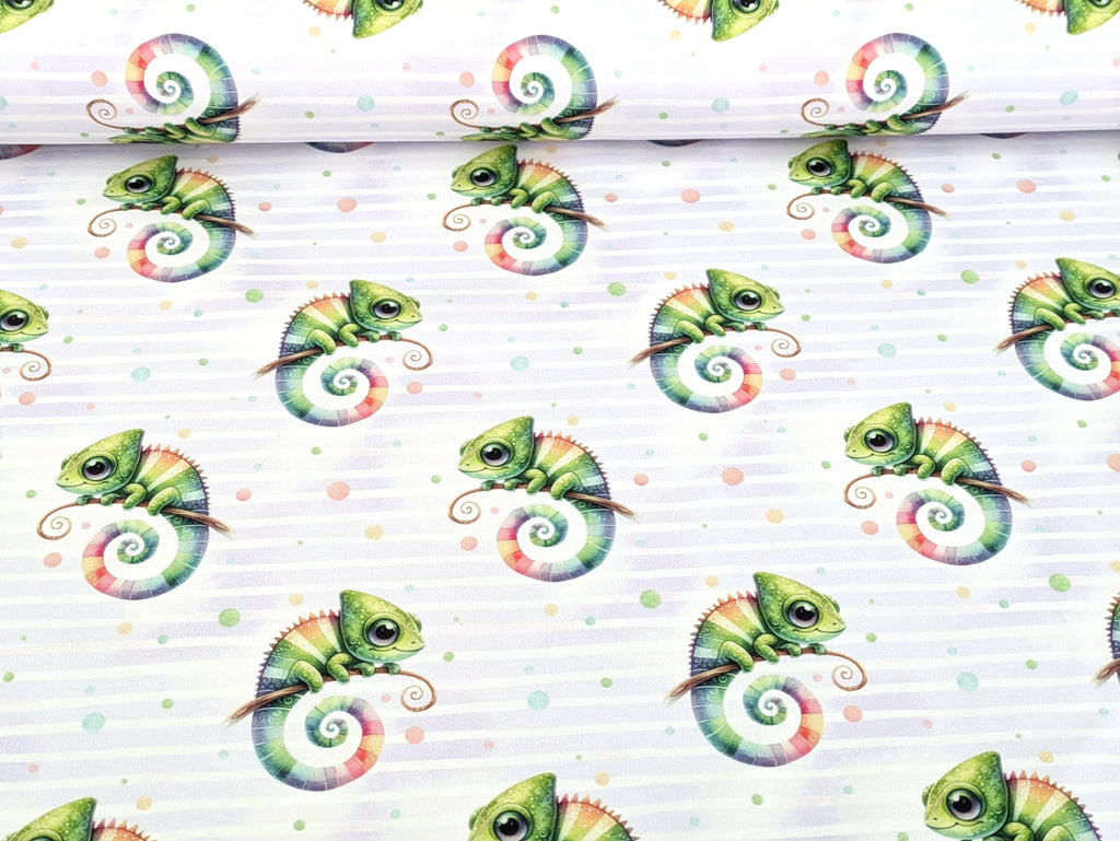 In-house production Cotton Jersey Chami the Chameleon on Stripes White