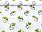 In-house production Cotton Jersey Chami the Chameleon on Stripes White