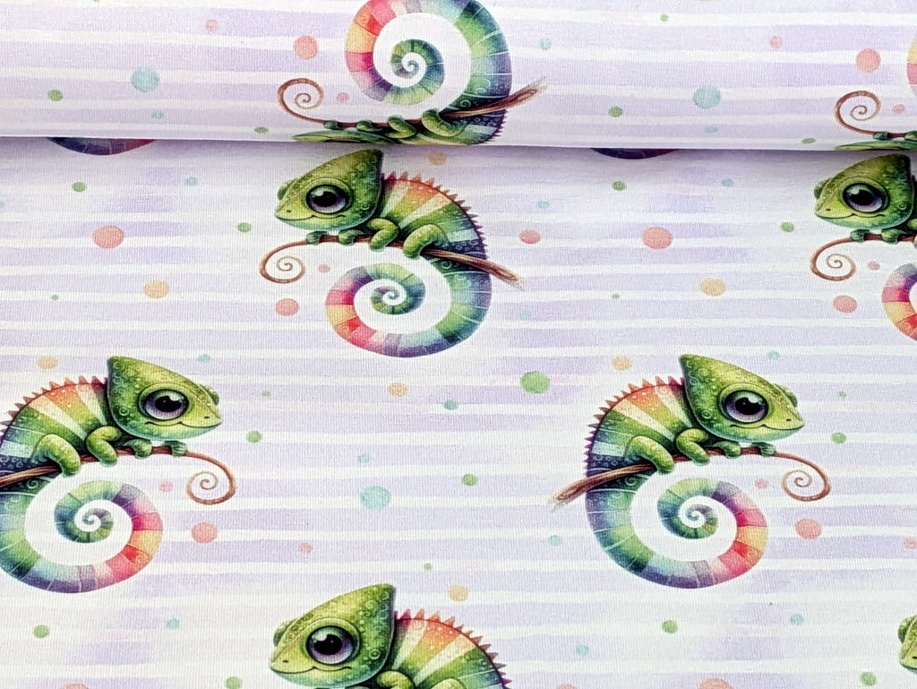 In-house production Cotton Jersey Chami the Chameleon on Stripes White