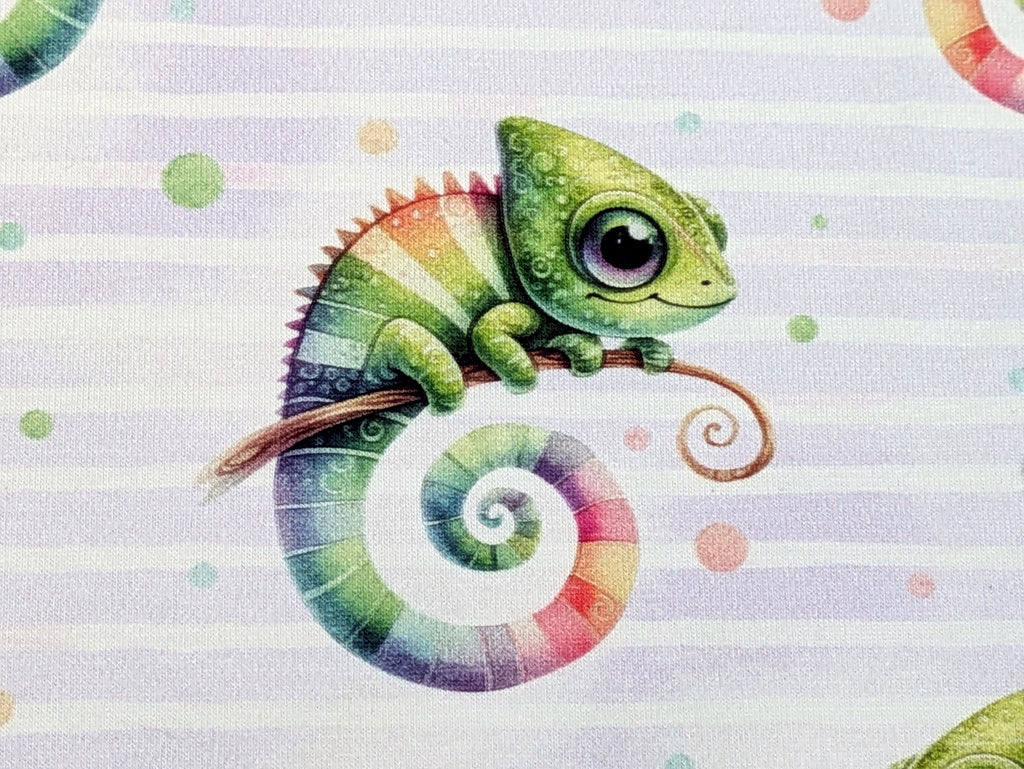 In-house production Cotton Jersey Chami the Chameleon on Stripes White