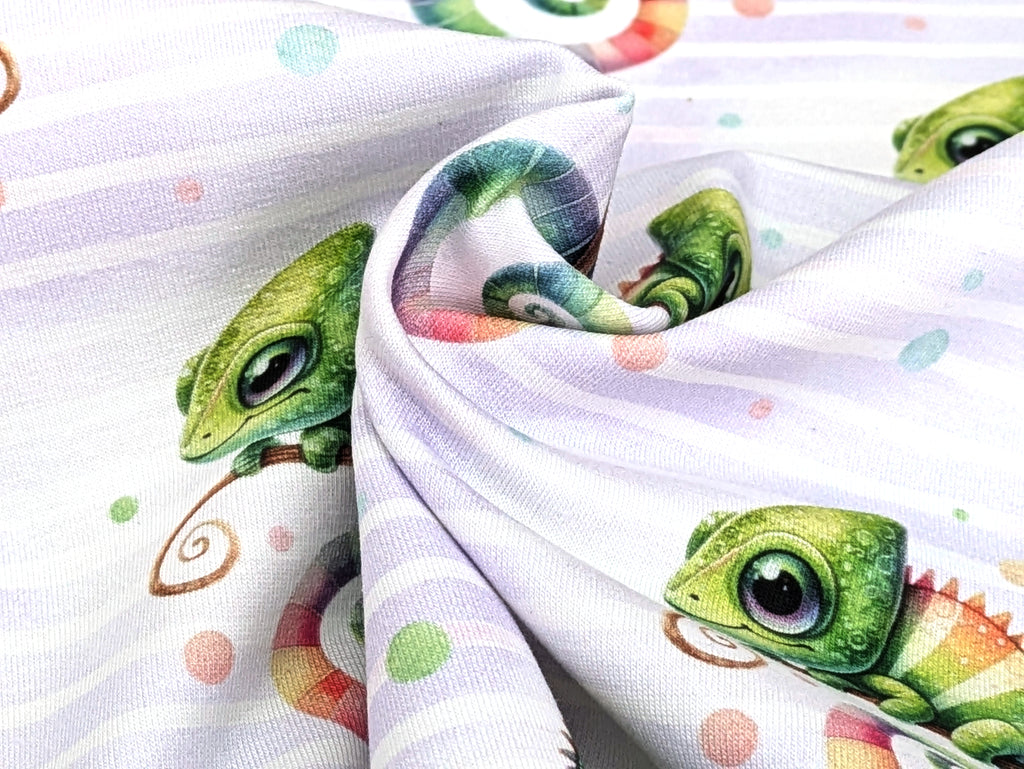 In-house production Cotton Jersey Chami the Chameleon on Stripes White