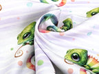 In-house production Cotton Jersey Chami the Chameleon on Stripes White