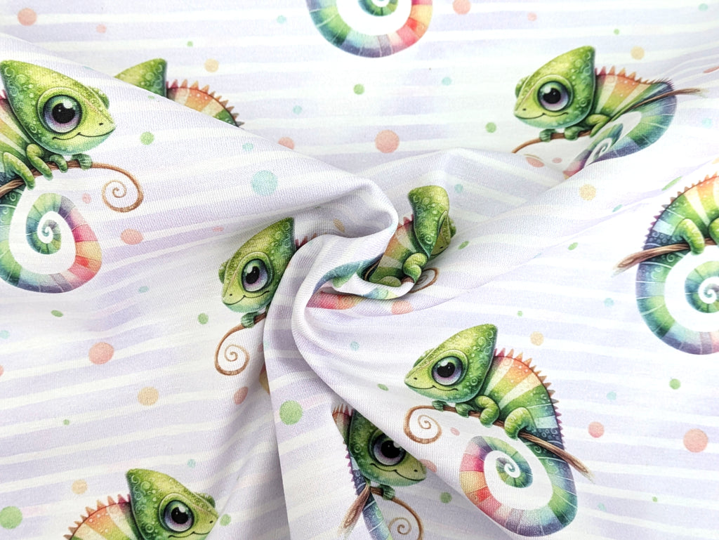 In-house production Cotton Jersey Chami the Chameleon on Stripes White