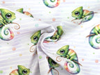 In-house production Cotton Jersey Chami the Chameleon on Stripes White