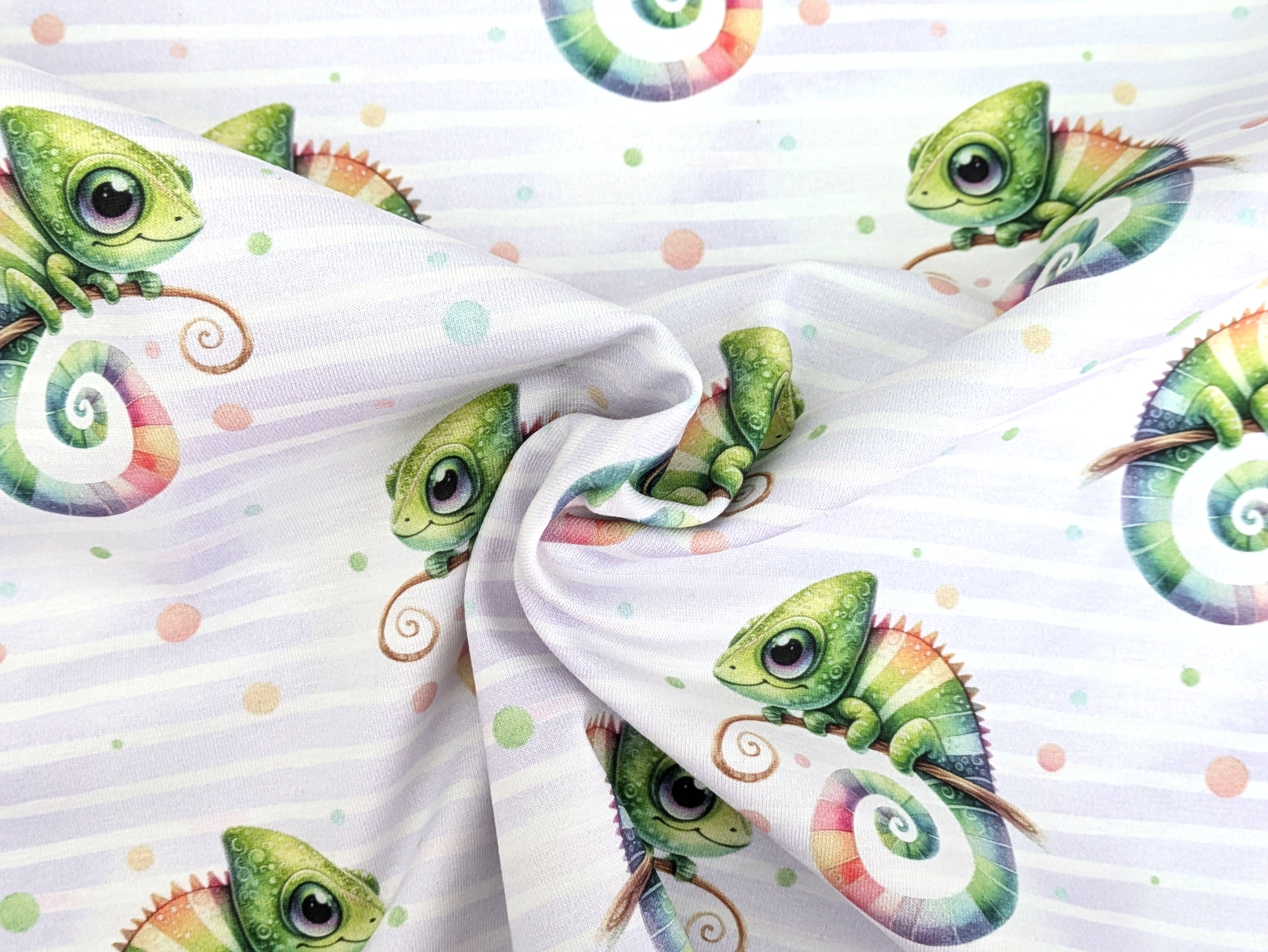 In-house production Cotton Jersey Chami the Chameleon on Stripes White