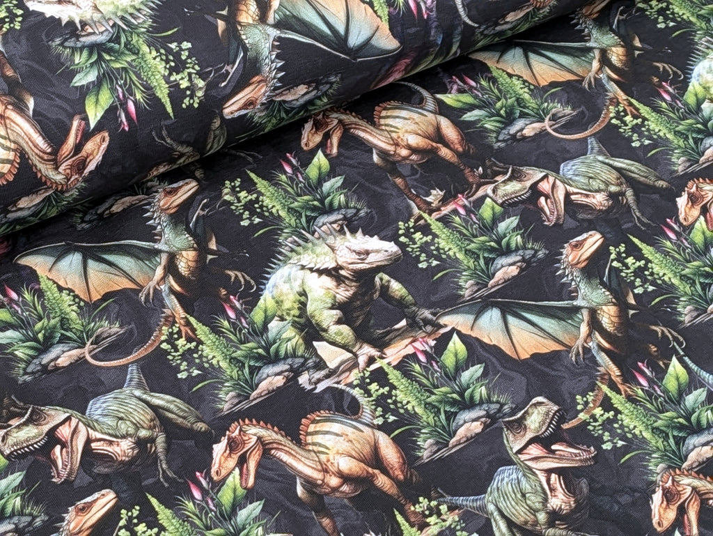 Eigenproduktion Baumwolljersey Dinosaurier Dinos Rex auf Dunkelgrau