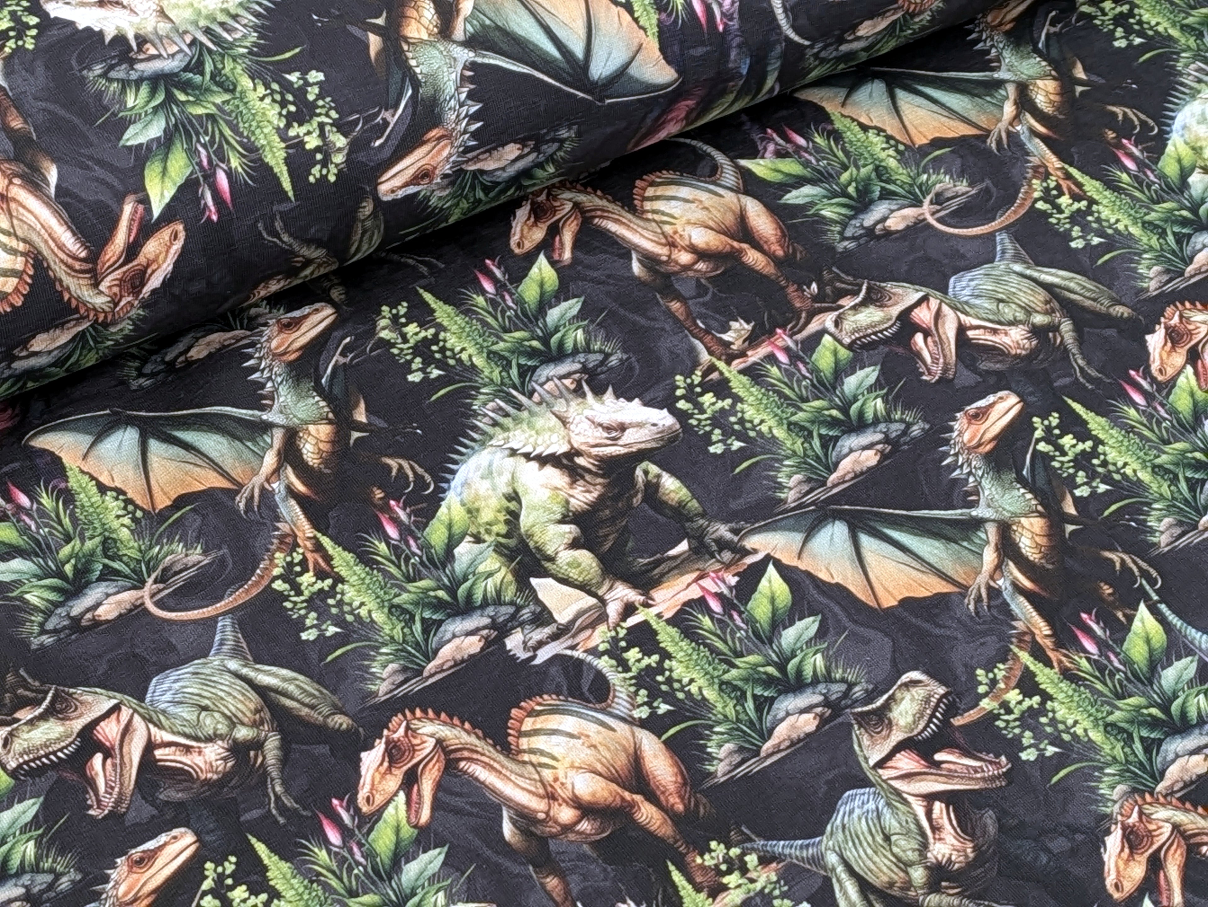 Eigenproduktion Baumwolljersey Dinosaurier Dinos Rex auf Dunkelgrau