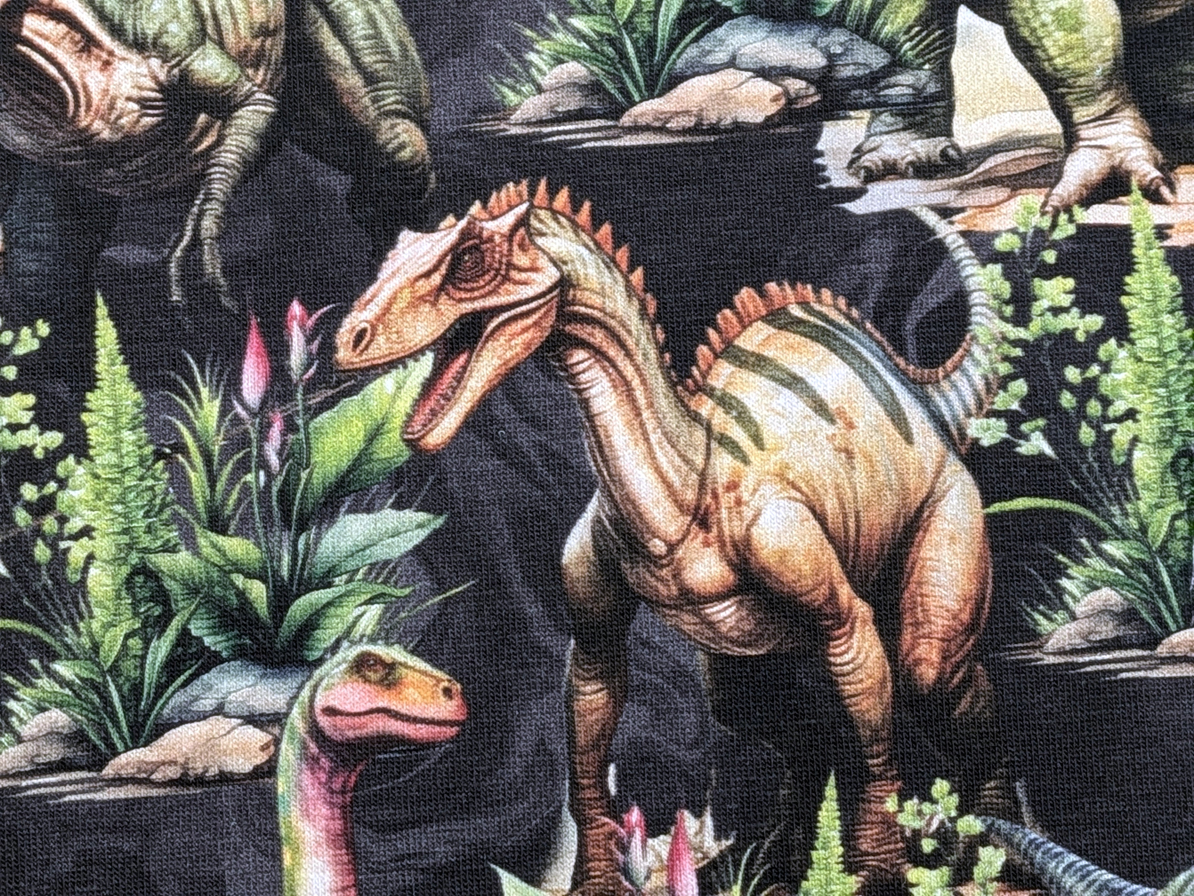 Eigenproduktion Baumwolljersey Dinosaurier Dinos Rex auf Dunkelgrau