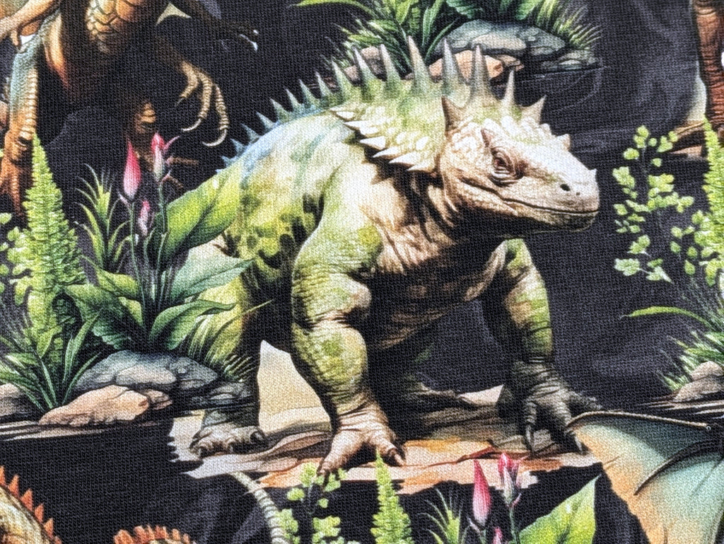 Eigenproduktion Baumwolljersey Dinosaurier Dinos Rex auf Dunkelgrau