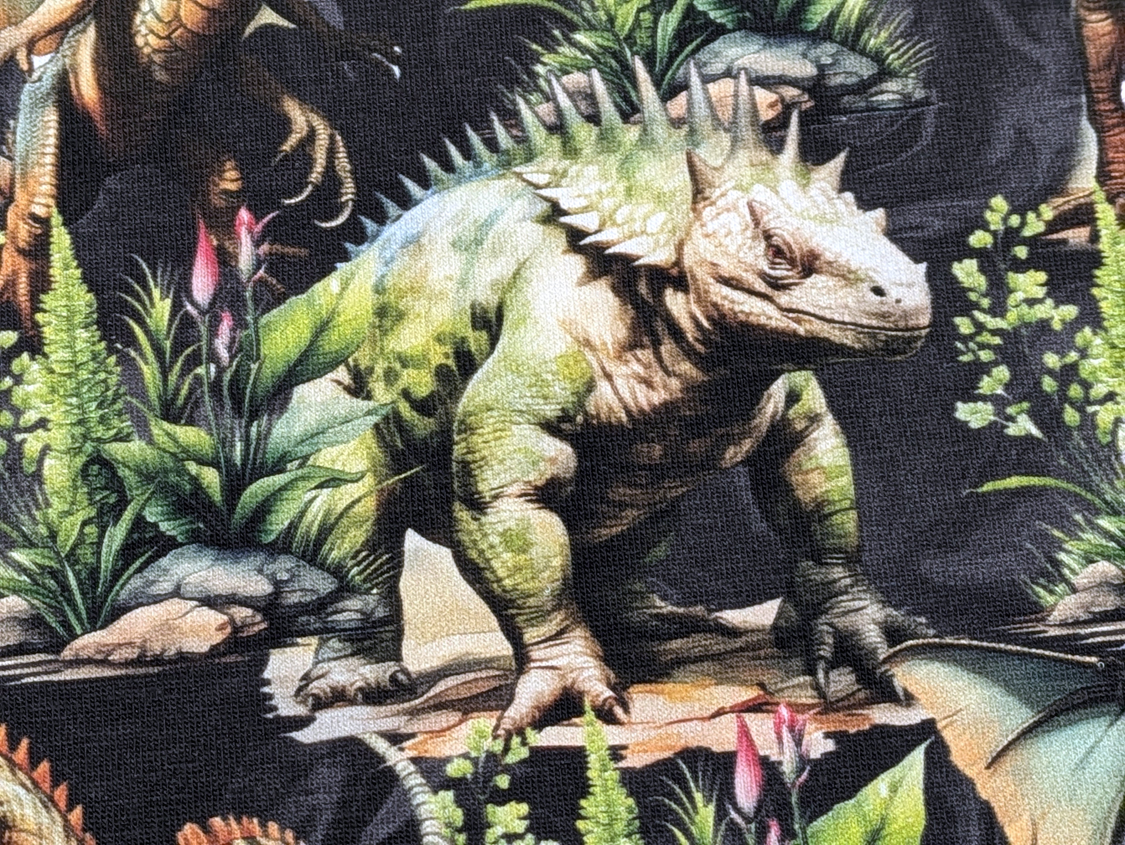 Eigenproduktion Baumwolljersey Dinosaurier Dinos Rex auf Dunkelgrau