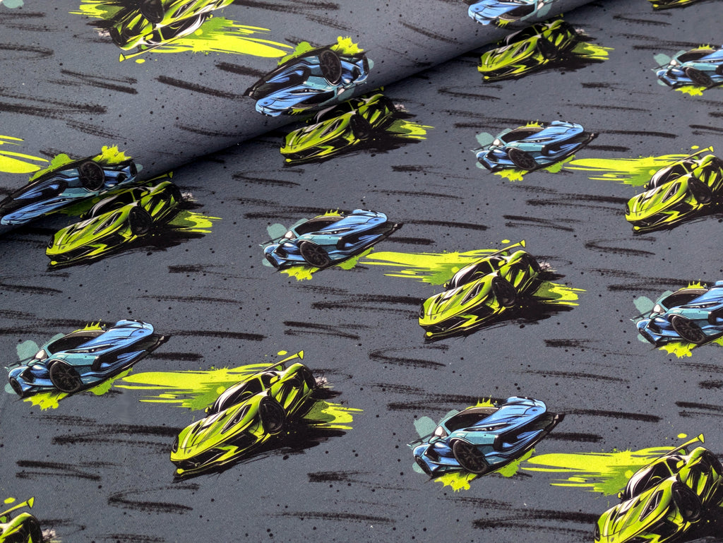 Eigenproduktion Baumwolljersey Speed Autos auf Jeans Graublau