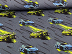 Eigenproduktion Baumwolljersey Speed Autos auf Jeans Graublau