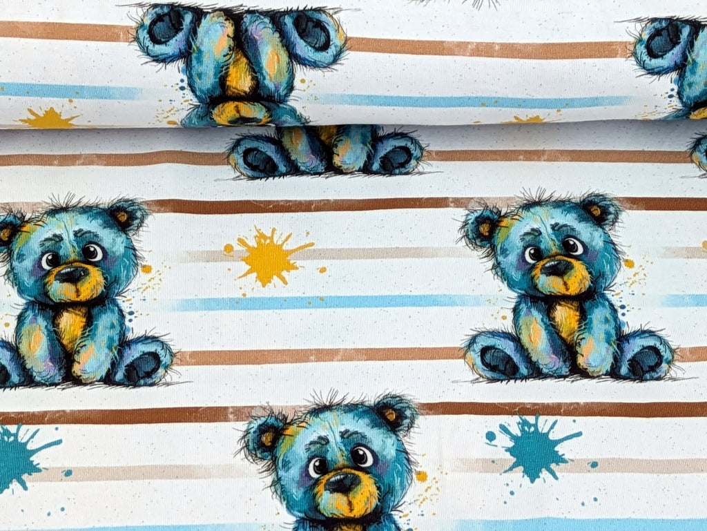 In-house Production Cotton Jersey Watercolor Stripes Teddy on White
