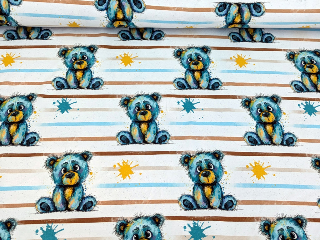In-house Production Cotton Jersey Watercolor Stripes Teddy on White
