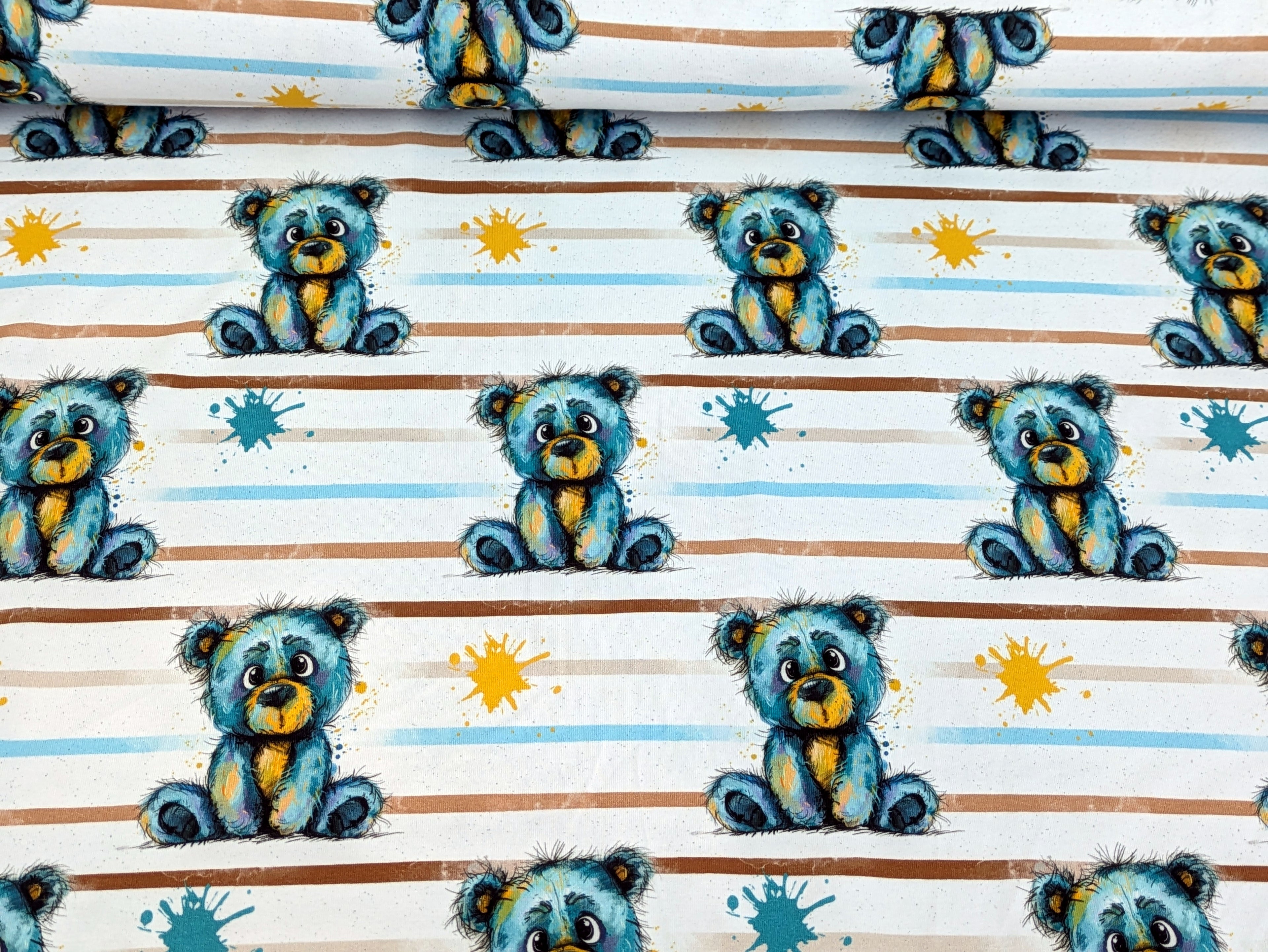 Eigenproduktion Baumwolljersey Aquarell Streifen Teddy auf Weiß