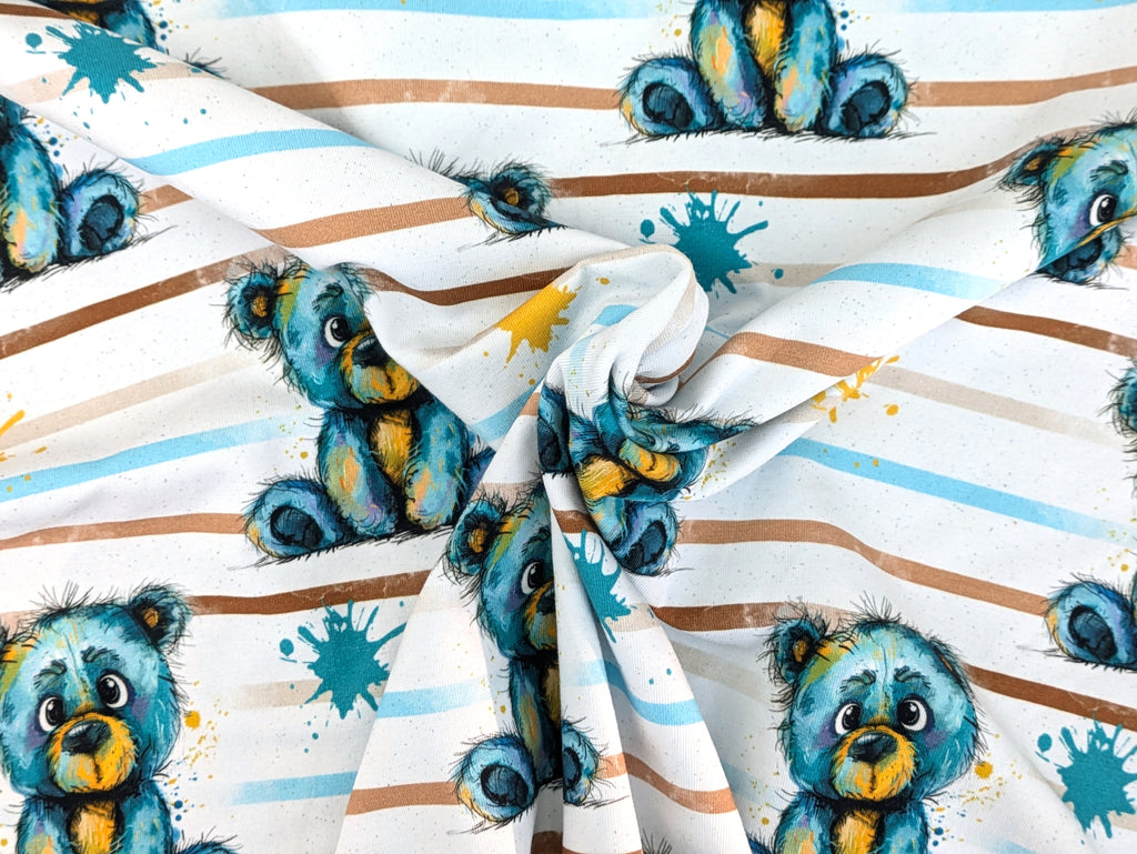 In-house Production Cotton Jersey Watercolor Stripes Teddy on White