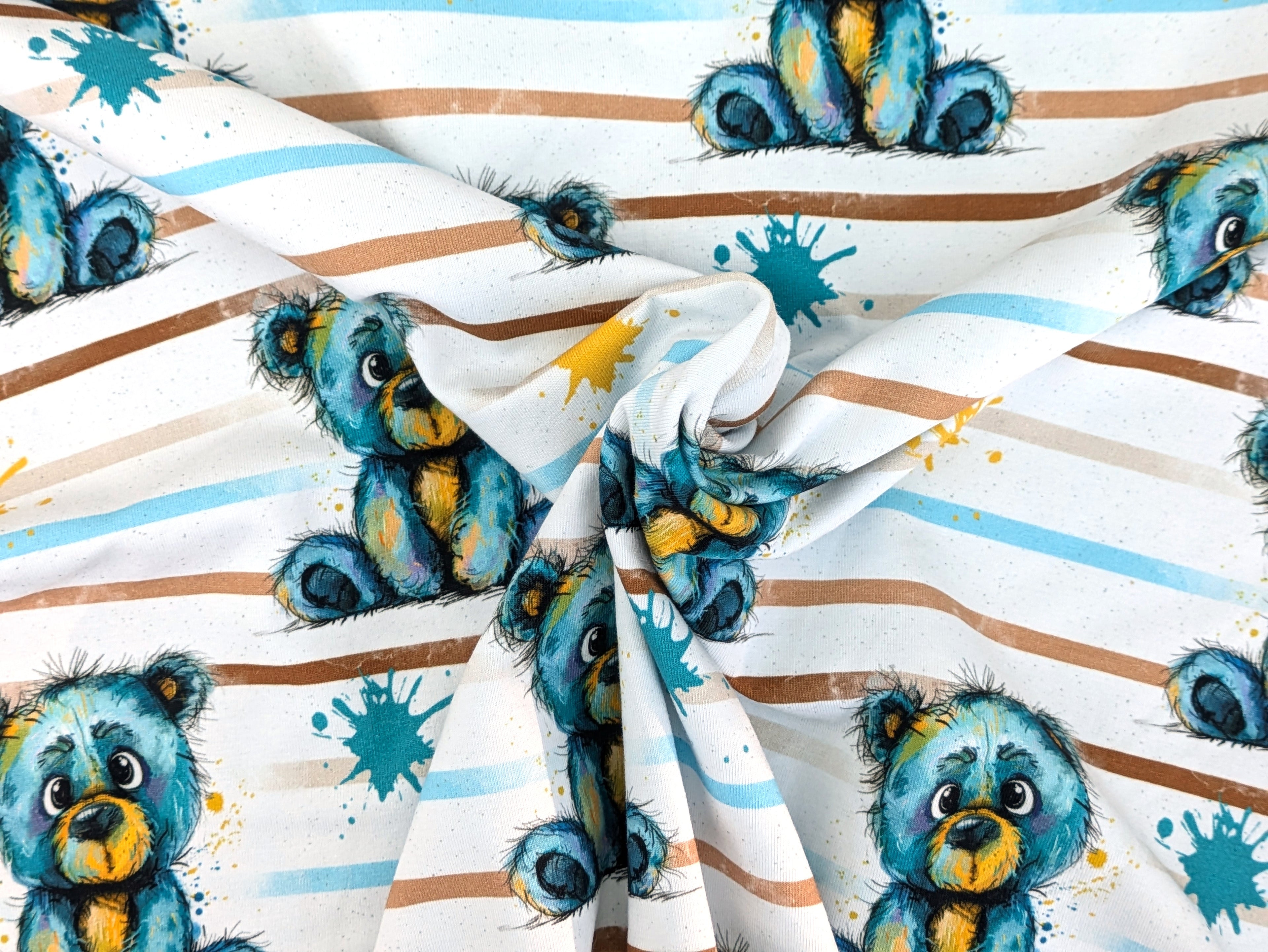 Eigenproduktion Baumwolljersey Aquarell Streifen Teddy auf Weiß
