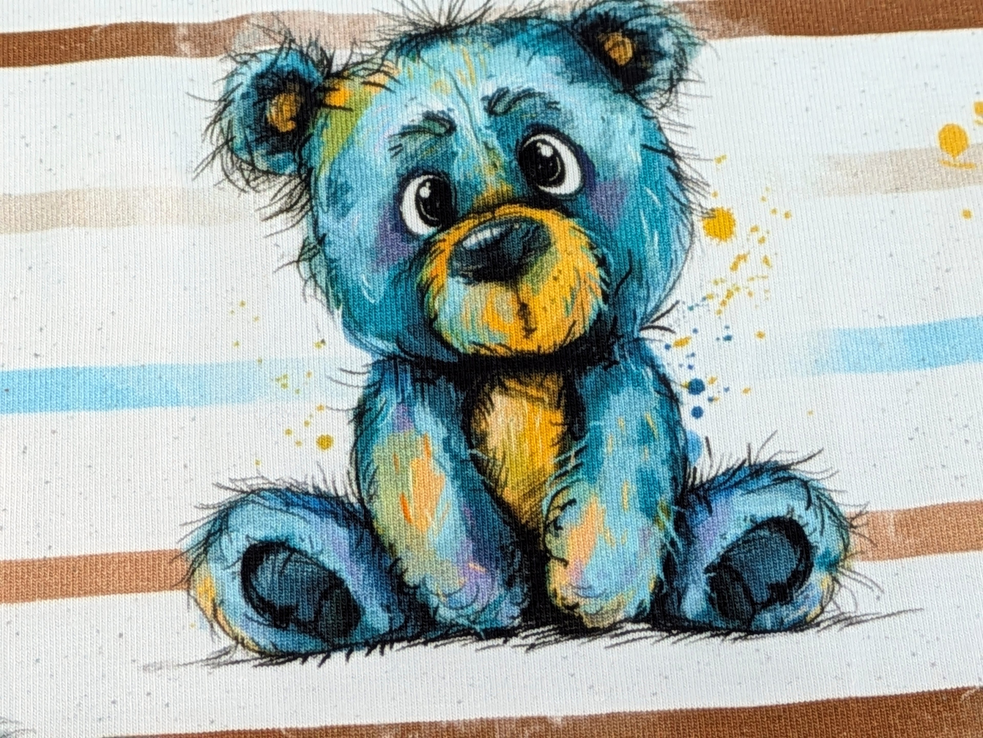 In-house Production Cotton Jersey Watercolor Stripes Teddy on White