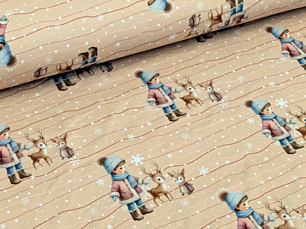 Eigenproduktion Baumwolljersey Winter Kind mit Rehkitzen auf Braunbeige