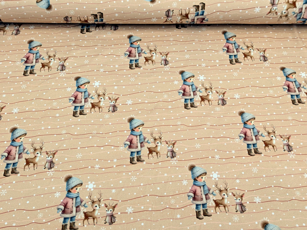 Eigenproduktion Baumwolljersey Winter Kind mit Rehkitzen auf Braunbeige